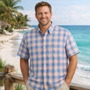 Faherty Brand Mens XL Blue Pink Plaid Short Sleeve Button Down Shirt Coastal